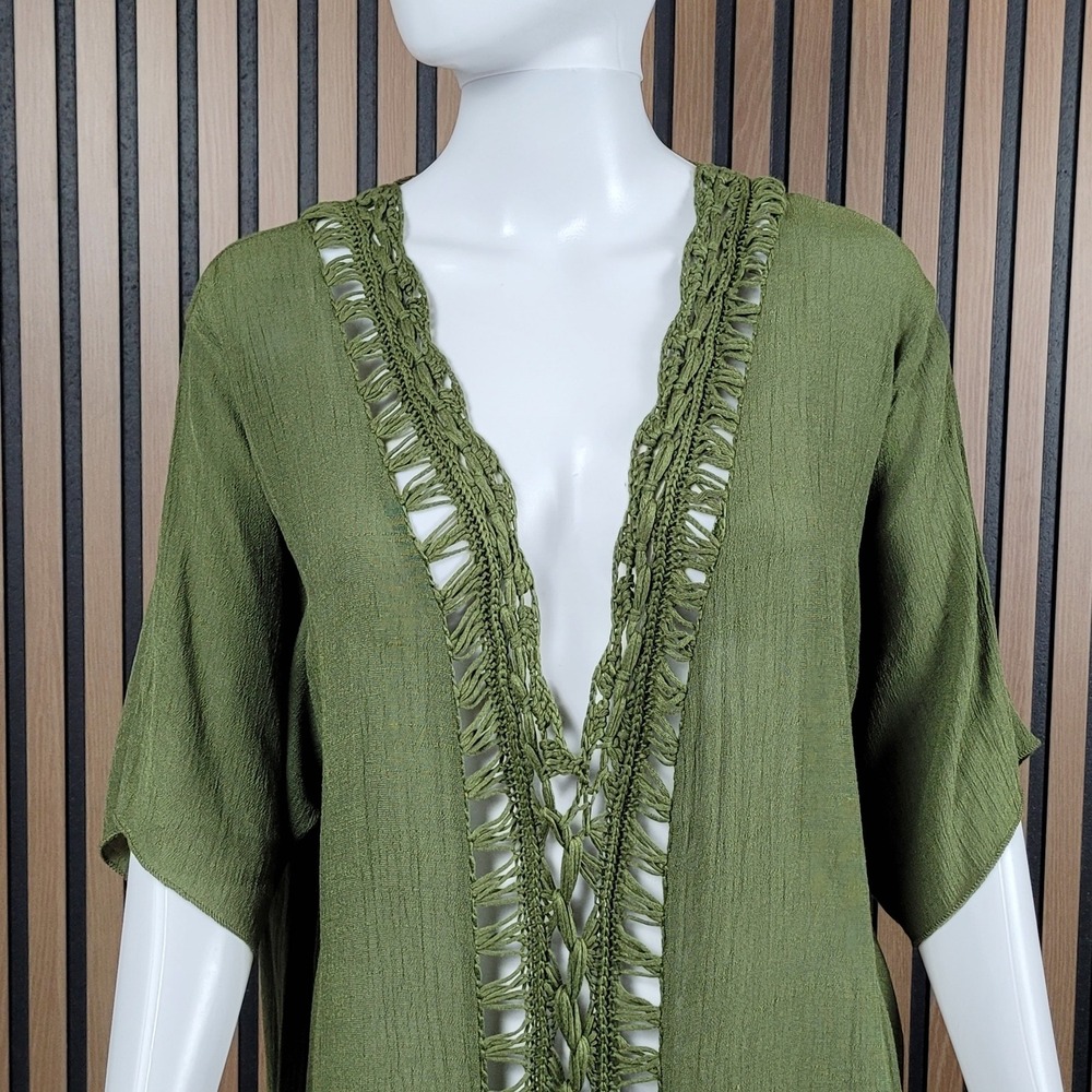Olive Green Swim Coverup Crochet Lace Trim V-Neck Midi 0XL - Picture 2 of 8
